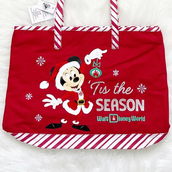 New Disney Parks Christmas Tote Bag Embroidered Mickey Red and White Candy Cane - Picture 1 of 8